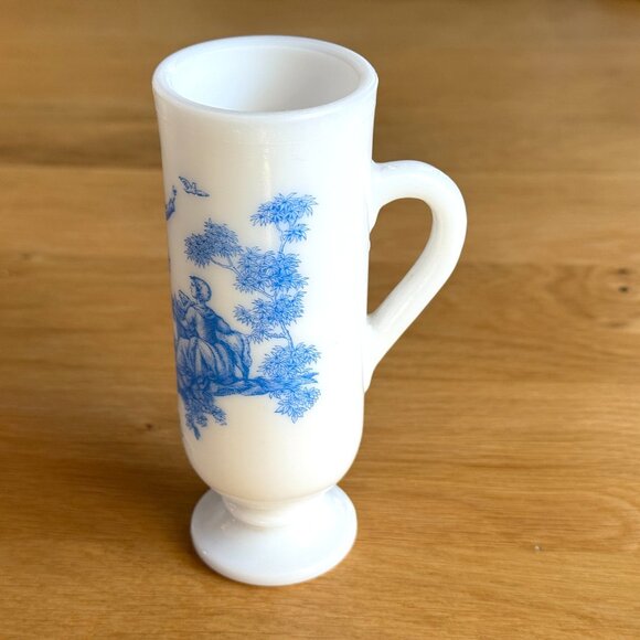 Avon Demitasse/Liqueur Footed Milk Glass Cup, Blue Toile Pattern, Vintage 1960s - Picture 8 of 14